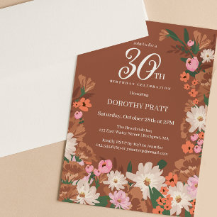 Charming Terracotta Fall Floral 30th Birthday Invitation