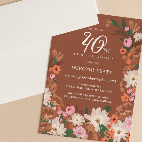 Charming Terracotta Fall Floral 40th Birthday Invitation