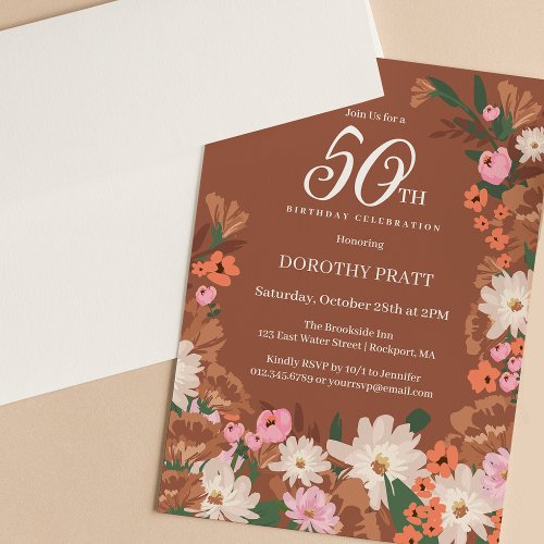 Charming Terracotta Fall Floral 50th Birthday Invitation