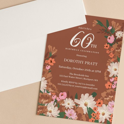 Charming Terracotta Fall Floral 60th Birthday Invitation