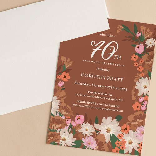 Charming Terracotta Fall Floral 70th Birthday Invitation