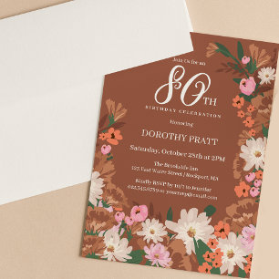 Charming Terracotta Fall Floral 80th Birthday Invitation