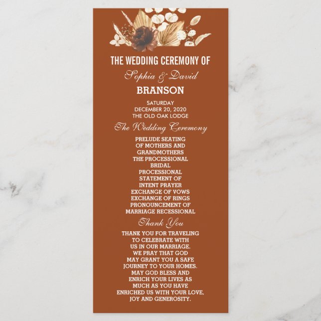 Charming Terracotta Pampas Grass Floral Wedding  Program (Front)