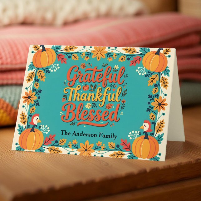 Charming Thankful Grateful Blessed Thanksgiving Card (Creator Uploaded)