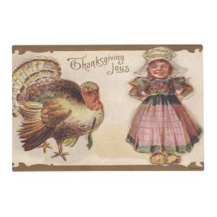 Charming Thanksgiving Vintage Pilgrim Girl Turkey Placemat