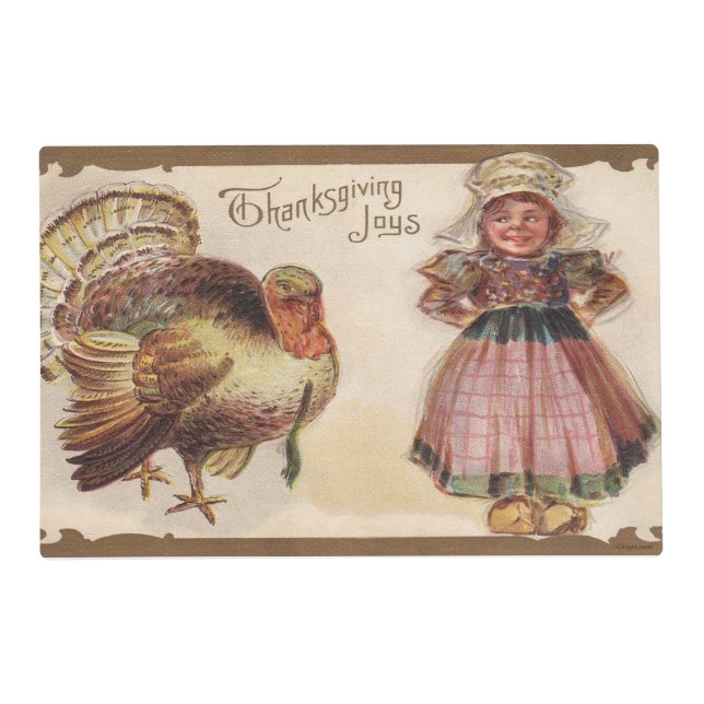Charming Thanksgiving Vintage Pilgrim Girl Turkey Placemat (Front)