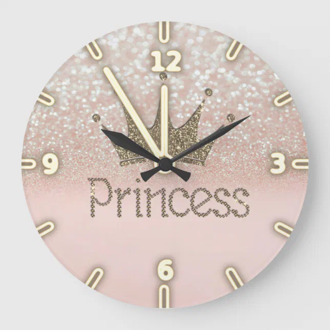 Charming Tiara, Princess, Glittery Bokeh Large Clock | Zazzle