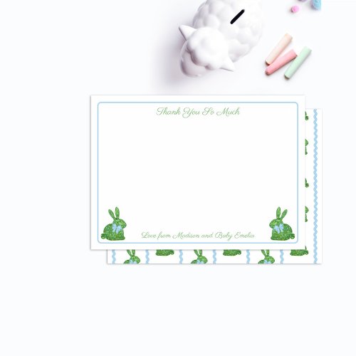 Charming Topiary Rabbit Blue Bow Boy Baby Shower Thank You Card