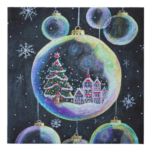 Charming Town within Christmas Ornament Snowflakes Faux Canvas Print (Front)