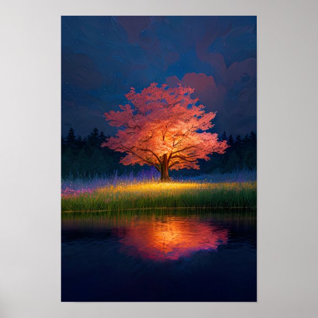 Charming Tree Illuminated in Red  Poster (Front)