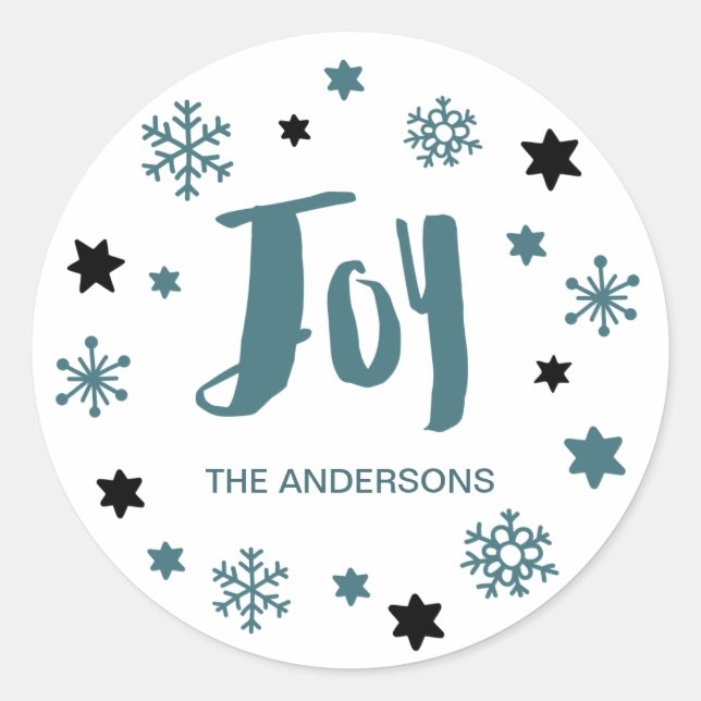 Charming Trendy Joy Blue Green Holiday Classic Round Sticker (Front)
