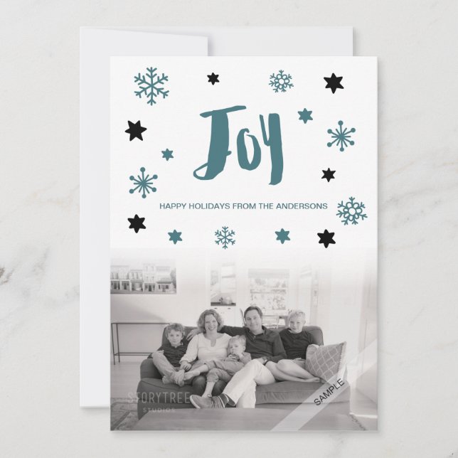 Charming Trendy Joy Blue Green Holiday Photo (Front)