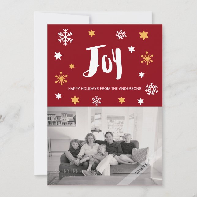 Charming Trendy Joy Deep Red Holiday Photo Card (Front)
