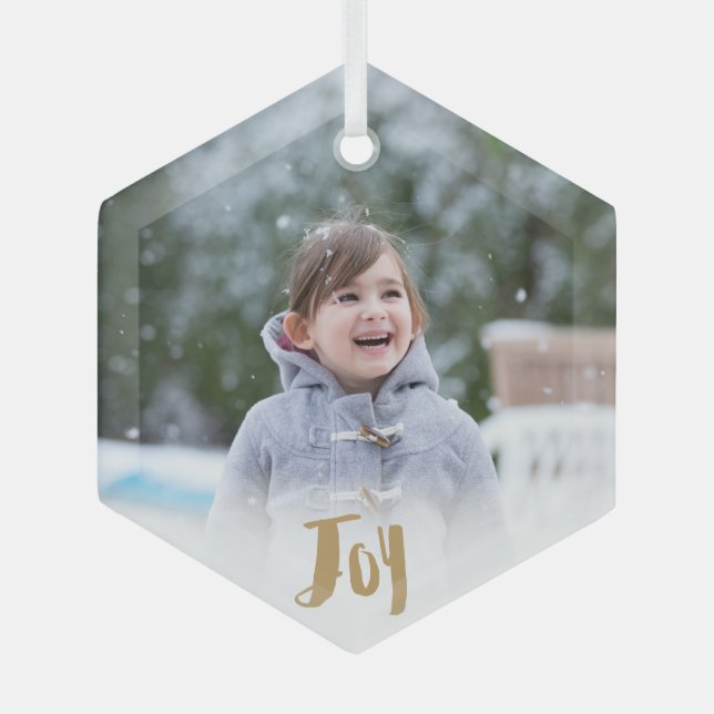 Charming Trendy Joy Holiday Photo Glass Ornament (Front)