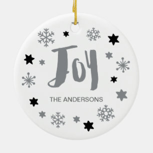 Charming Trendy Joy Silver Gray Holiday Ceramic Ornament