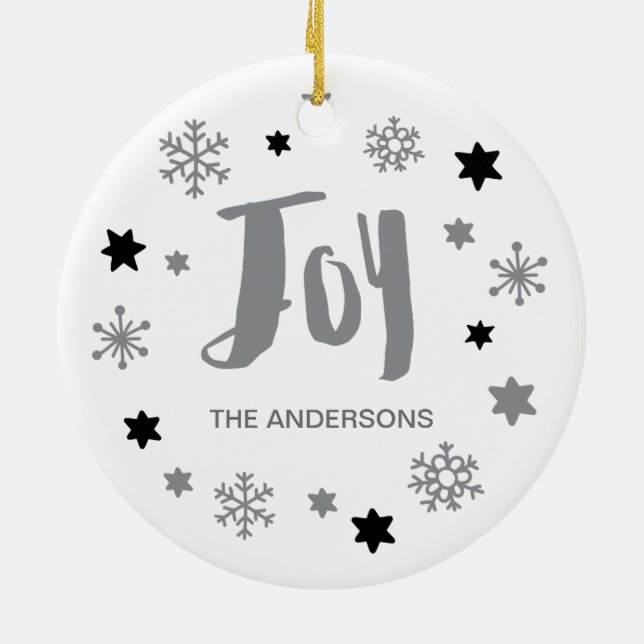 Charming Trendy Joy Silver Gray Holiday Ceramic Ornament (Back)