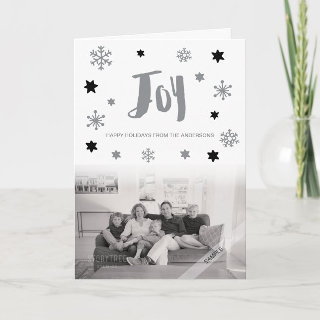 Charming Trendy Joy Silver Holiday Photo Card (Front)