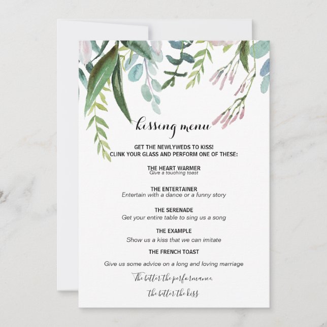 Charming Tropical Floral and Greenery Kissing Menu (Front)