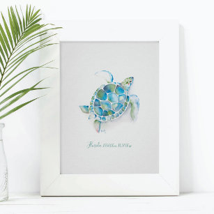 Charming Turquoise Blue Watercolor Sea Turtle Poster