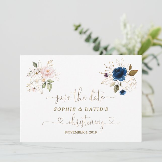 Charming Twins Pink Blue Floral Gold Christening Save The Date (Standing Front)