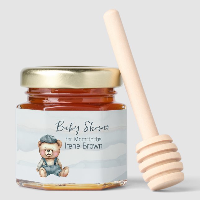 Charming Unique Bear Jean Baby Shower Honey Jar Favors (Front)
