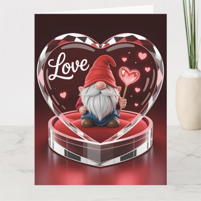 Charming Valentine Gnome in Crystal Heart Display  Card (Front)