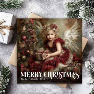 Charming Victorian Angel Deep Red Christmas Card