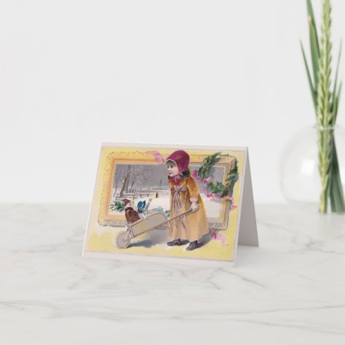 Charming victorian girl with a cart of toys card