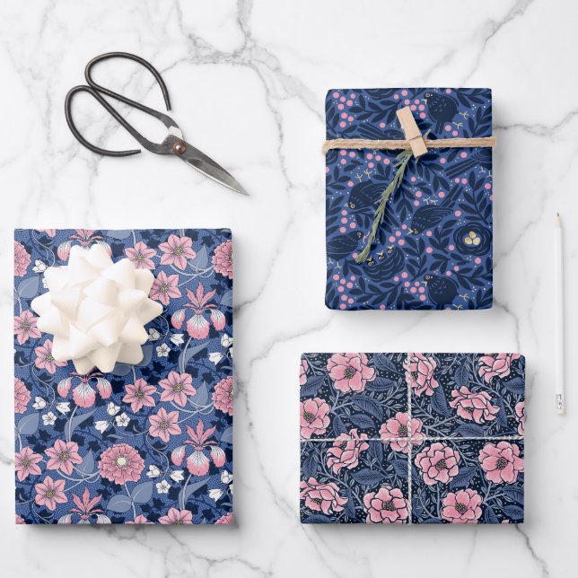 Charming Victorian-inspired Blue and Pink Floral Wrapping Paper Sheets (Front)