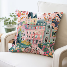 Charming Village Scene Pillow, Colorful Houses