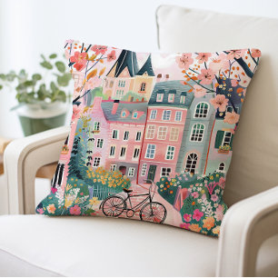 Charming Village Scene Pillow, Colorful Houses Throw Pillow