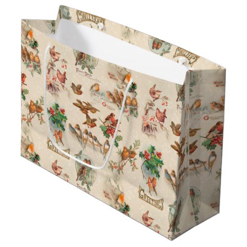 Charming Vintage Christmas Birds and Holly Large Gift Bag