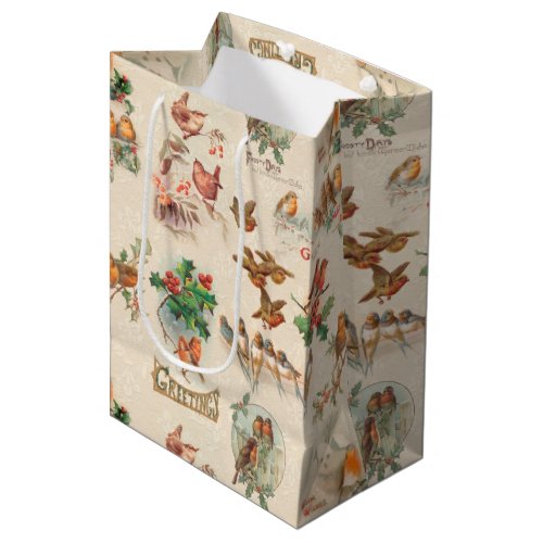 Charming Vintage Christmas Birds and Holly Medium Gift Bag