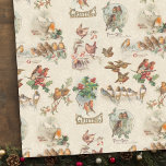 Charming Vintage Christmas Birds and Holly Tissue Paper<br><div class="desc">Lovely winter holiday vignettes featuring sweet birds perched on holly and in flight with rustic landscapes and cottages on warm ecru background with faux embossed damask pattern. Suitable for decoupage or crafting projects.</div>