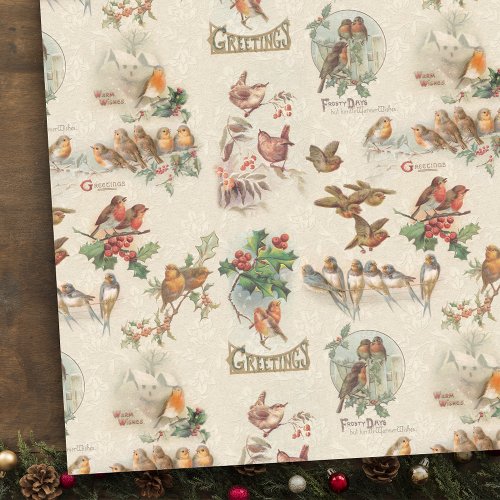 Charming Vintage Christmas Birds and Holly Tissue Paper