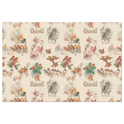 Charming Vintage Christmas Birds and Holly Tissue Paper