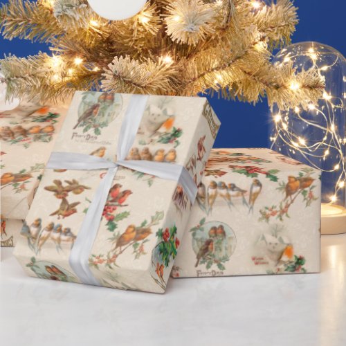 Charming Vintage Christmas Birds and Holly Wrapping Paper