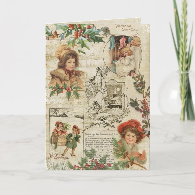 Charming Vintage Christmas Ephemera Collage Holiday Card (Front)