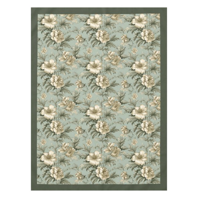 Charming vintage dusty green and gold flowers tablecloth (Front)