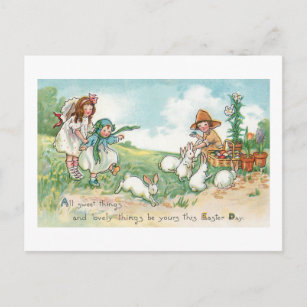 Charming Vintage Easter Bunnies and Children Postcard