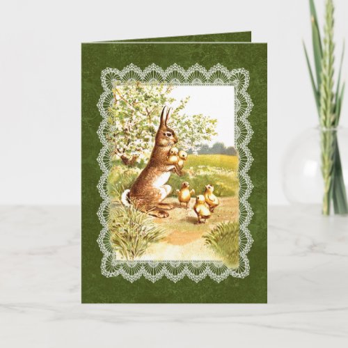 Charming Vintage Easter Rabbit and Chicks V07D Holiday Card