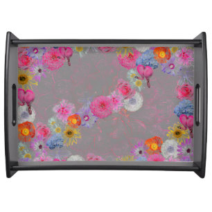 Charming vintage flowers on gray serving tray