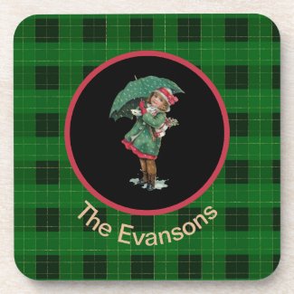 Charming Vintage Girl with Umbrella on Green