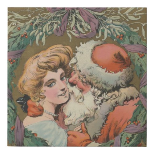 Charming Vintage Kissing Santa Christmas Wreath Faux Canvas Print
