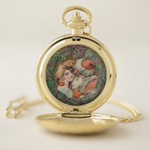 Charming Vintage Kissing Santa Christmas Wreath Pocket Watch