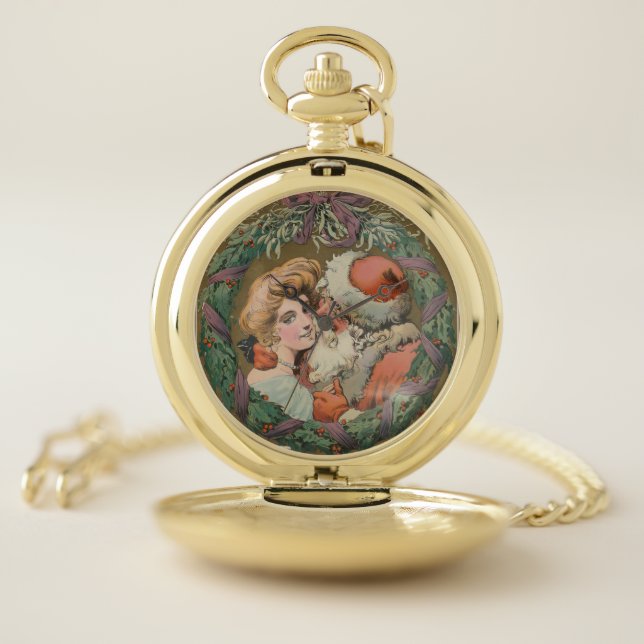 Charming Vintage Kissing Santa Christmas Wreath Pocket Watch (Inside)