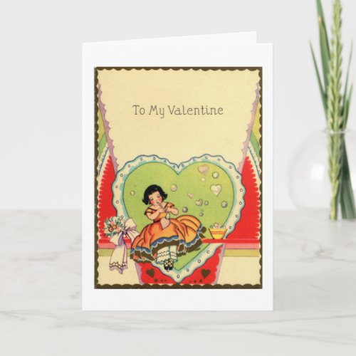 Charming Vintage Valentine with Pretty Girl Holiday Card