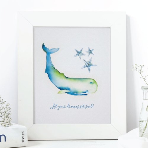 Charming Wall Art Watercolor Blue Whale