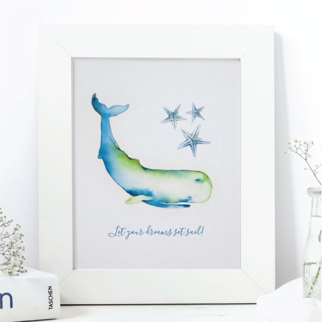 Charming Wall Art Watercolor Blue Whale (Wall Art home decor ideas Watercolor Blue Whale with inspirational quote for home )