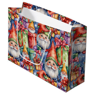 Charming Watercolor Christmas Gnomes and Gifts Large Gift Bag